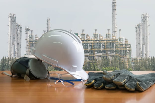 Safety work wear in front of refinery background