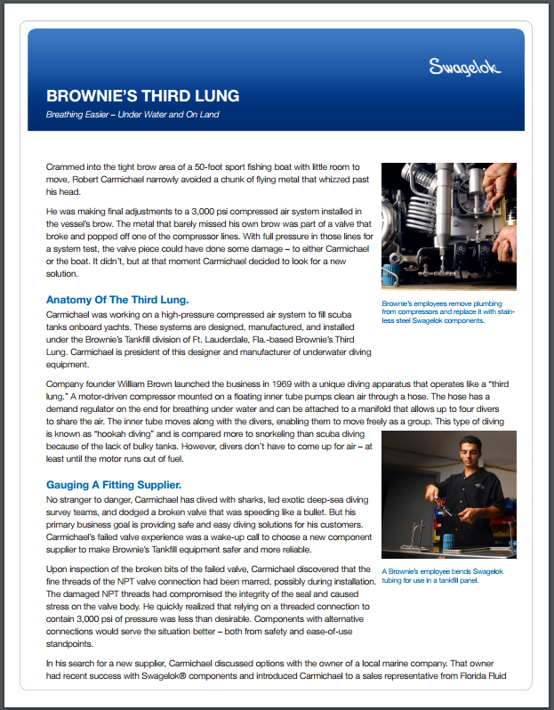 Case Study: Brownie's Third Lung Breathes Easier After Installing Swagelok
